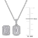 3 CT TW Emerald Cut Lab Created Diamond Halo Pendant Necklace and Earring Set in Sterling Silver