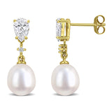 1 CT TW Lab Grown Diamond and Cultured Freshwater Pearl Drop Earrings in 14k Yellow Gold