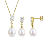 1 3/5 CT TW Lab Grown Diamond and Cultured Freshwater Pearl Pendant Necklace and Earring Set in 14k Yellow Gold