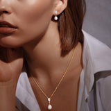 1 3/5 CT TW Lab Grown Diamond and Cultured Freshwater Pearl Pendant Necklace and Earring Set in 14k Yellow Gold