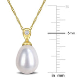 Lab Grown Diamond Accent and Cultured Freshwater Pearl Pendant Necklace in 10k Yellow Gold