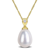 Lab Grown Diamond Accent and Cultured Freshwater Pearl Pendant Necklace in 10k Yellow Gold