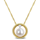 Lab Grown Diamond Accent and Cultured Freshwater Pearl Open Circle Pendant Necklace in 10k Two-Tone Gold