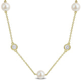 1 CT TW Lab Grown Diamond and Cultured Freshwater Pearl Station Necklace in Sterling Silver
