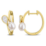 1 CT TW Lab Grown Diamond and Cultured Freshwater Pearl Hoop Earrings in Yellow Plated Sterling Silver