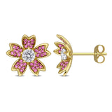 1/2 CT TW Lab Grown Diamond and Created Pink Sapphire Flower Stud Earrings in 14k Yellow Gold