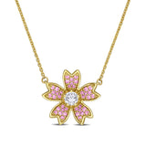 1/4 CT TW Lab Grown Diamond and Created Pink Sapphire Flower Necklace in 14k Yellow Gold